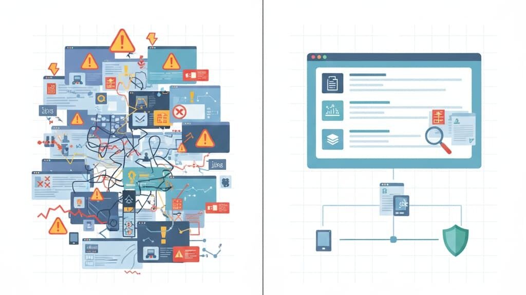  Illustration showing the contrast between chaotic alerts and organized incident response forensic analysis workflows.
