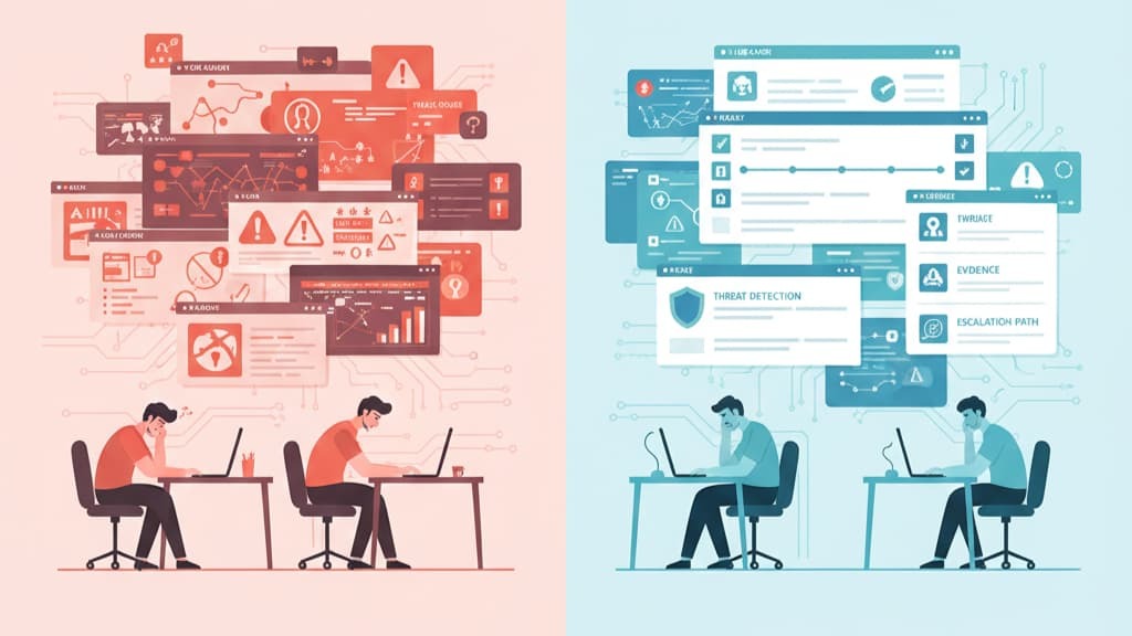 Two illustrations depicting the benefits MSSP DFIR support, showcasing cybersecurity experts analyzing data and threat detection interfaces.
