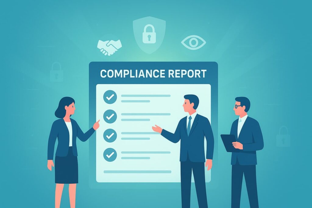  Illustration of three professionals discussing generating security compliance reports with a checklist and security icons.