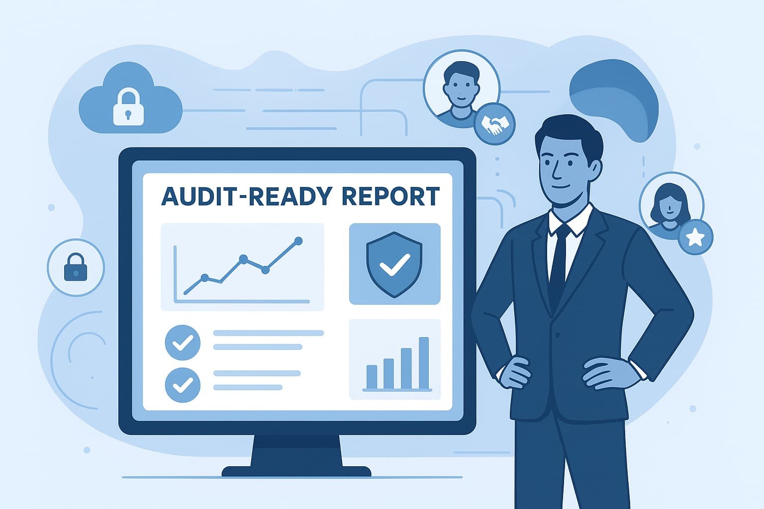A professional stands beside a computer displaying audit ready reports MSSP, featuring graphs and security icons.