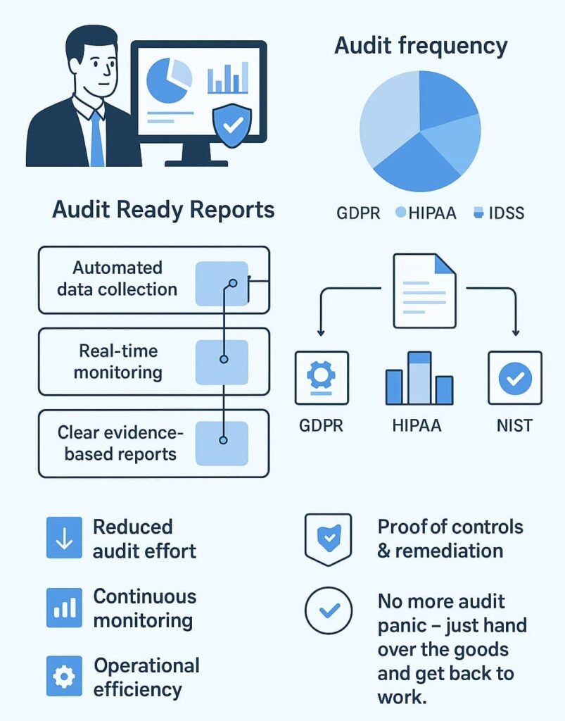  An infographic showing "audit ready reports MSSP" with benefits like automated data collection and compliance monitoring.