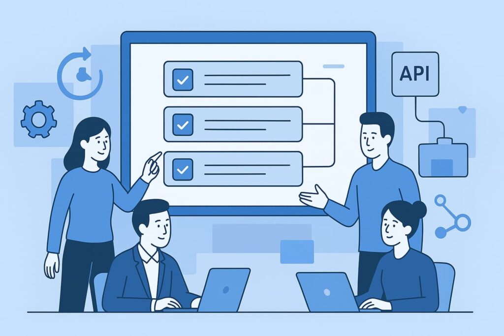Team discussing audit ready reports MSSP, with a presentation on a screen and laptops in use.