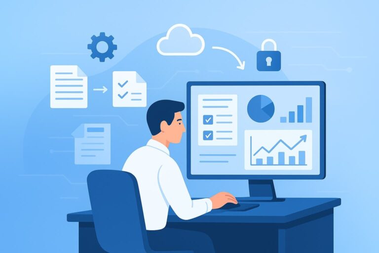 Person working at a desk, using a computer to simplify the compliance reporting process with charts and documents displayed.