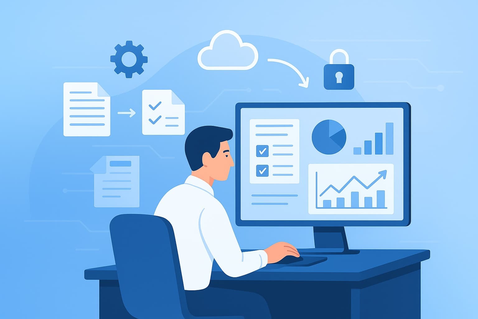 Person working at a desk, using a computer to simplify the compliance reporting process with charts and documents displayed.