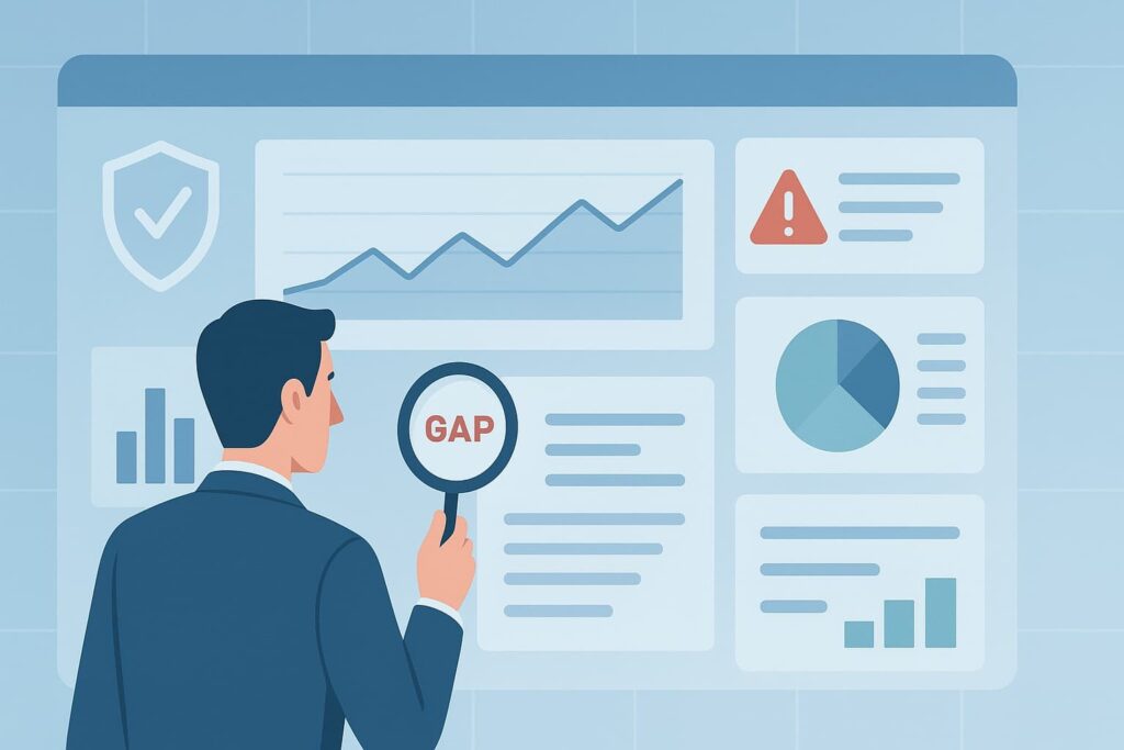 A professional examines a dashboard with graphs and alerts, illustrating the process of simplifying compliance reporting.