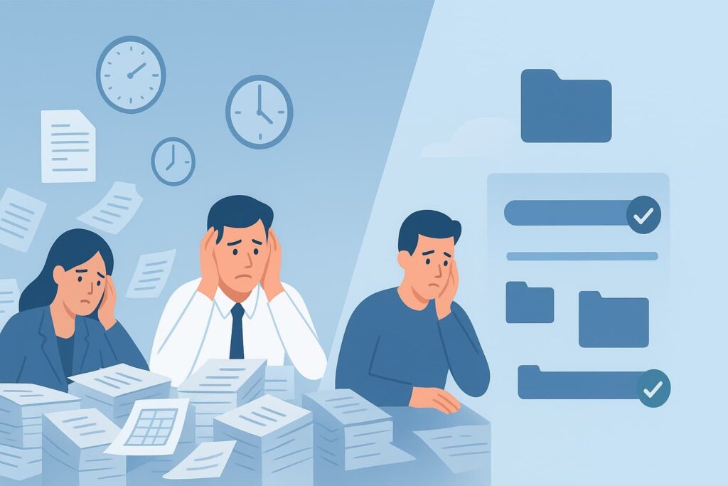 Two stressed individuals surrounded by paperwork, illustrating the challenges of simplifying compliance reporting process.