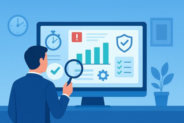 A person examining a computer screen displaying graphs and compliance metrics for automated compliance report generation.