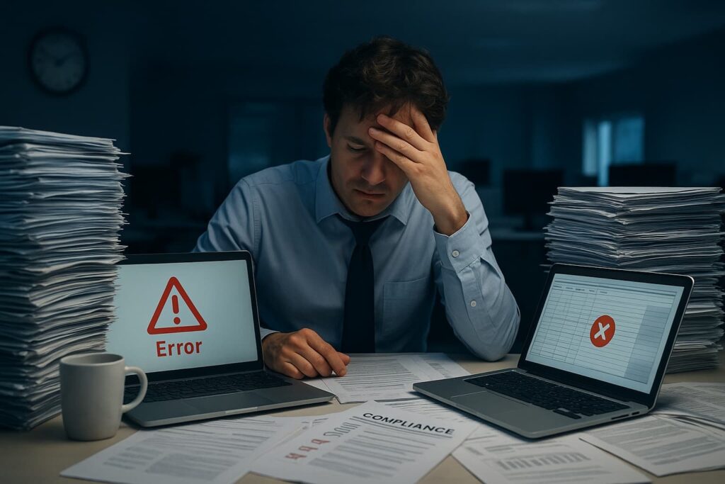 A stressed worker surrounded by papers, facing error messages on laptops related to automated compliance report generation.