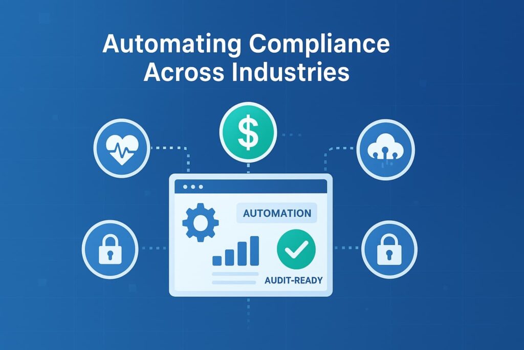 Illustration of automated compliance report generation showing interconnected industry icons and a dashboard with metrics.