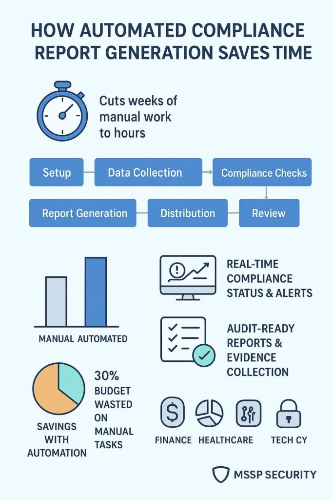  Infographic illustrating automated compliance report generation, showing time savings and steps from setup to review.