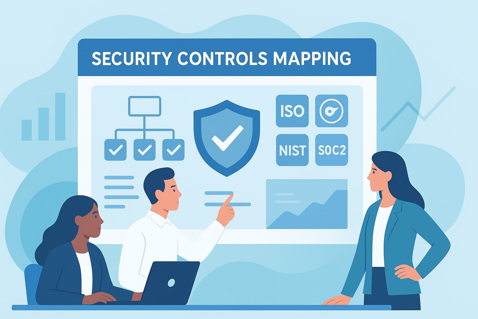 Mapping Security Controls Reports showing icons, standards, and analysis of security protocols and compliance