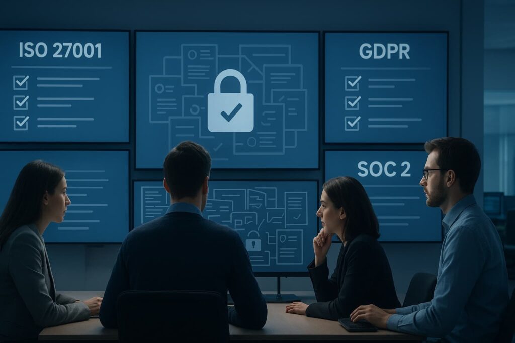 A team reviewing security mapping security controls reports, including ISO 27001, GDPR, and SOC 2 compliance standards, in a dark, office setting.