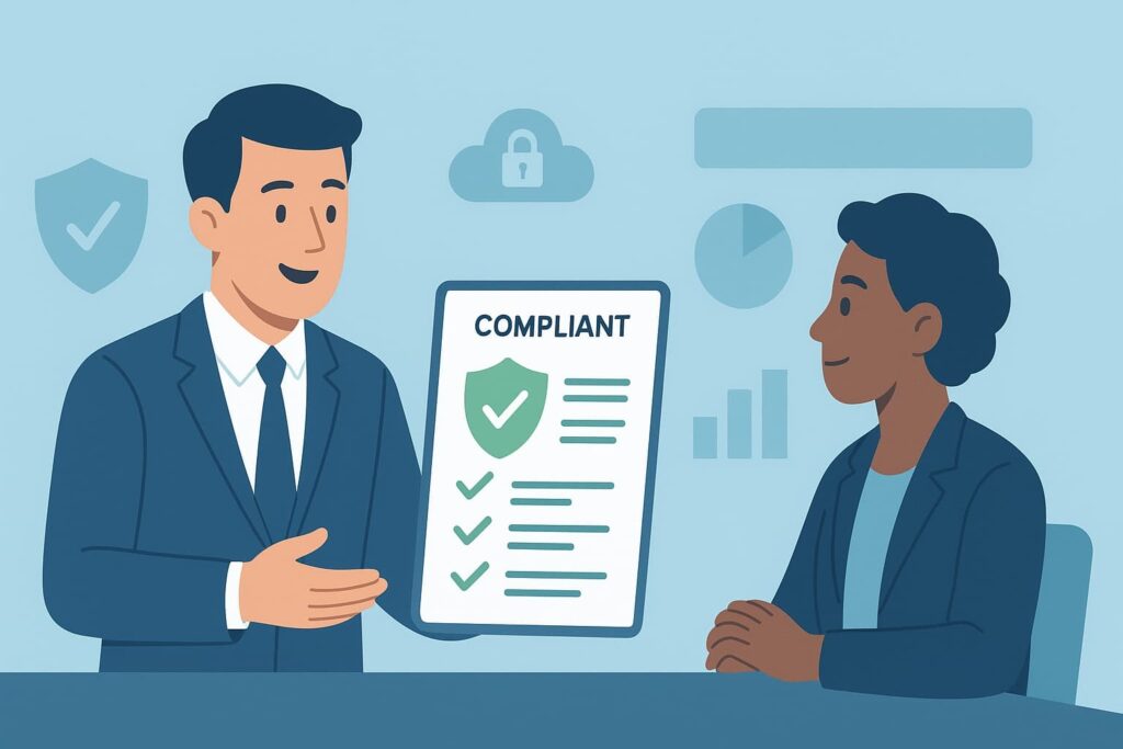 MSSP professional presenting compliance report to client, demonstrating success in satisfying auditor requirements