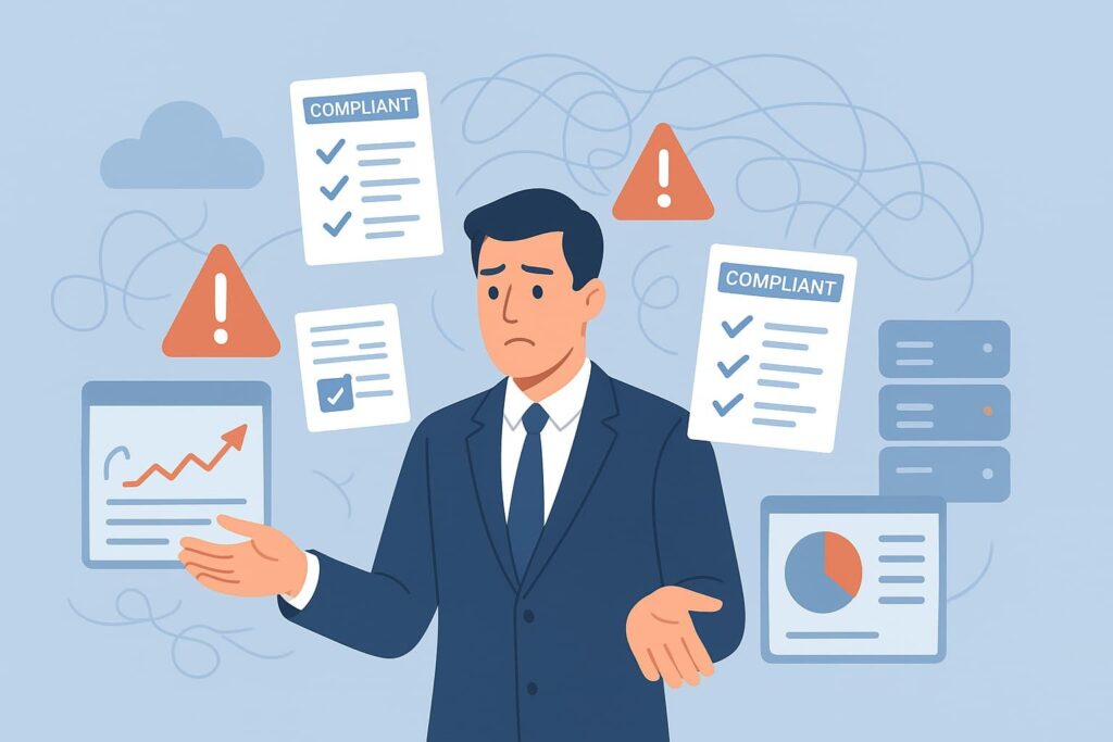 MSSP professional appearing stressed while reviewing compliance reports, struggling with satisfying auditor requirements MSSP.