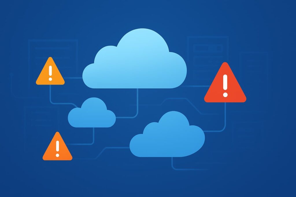 Graphic of clouds with warning symbols, representing the concept of cloud threat detection response in a digital environment.