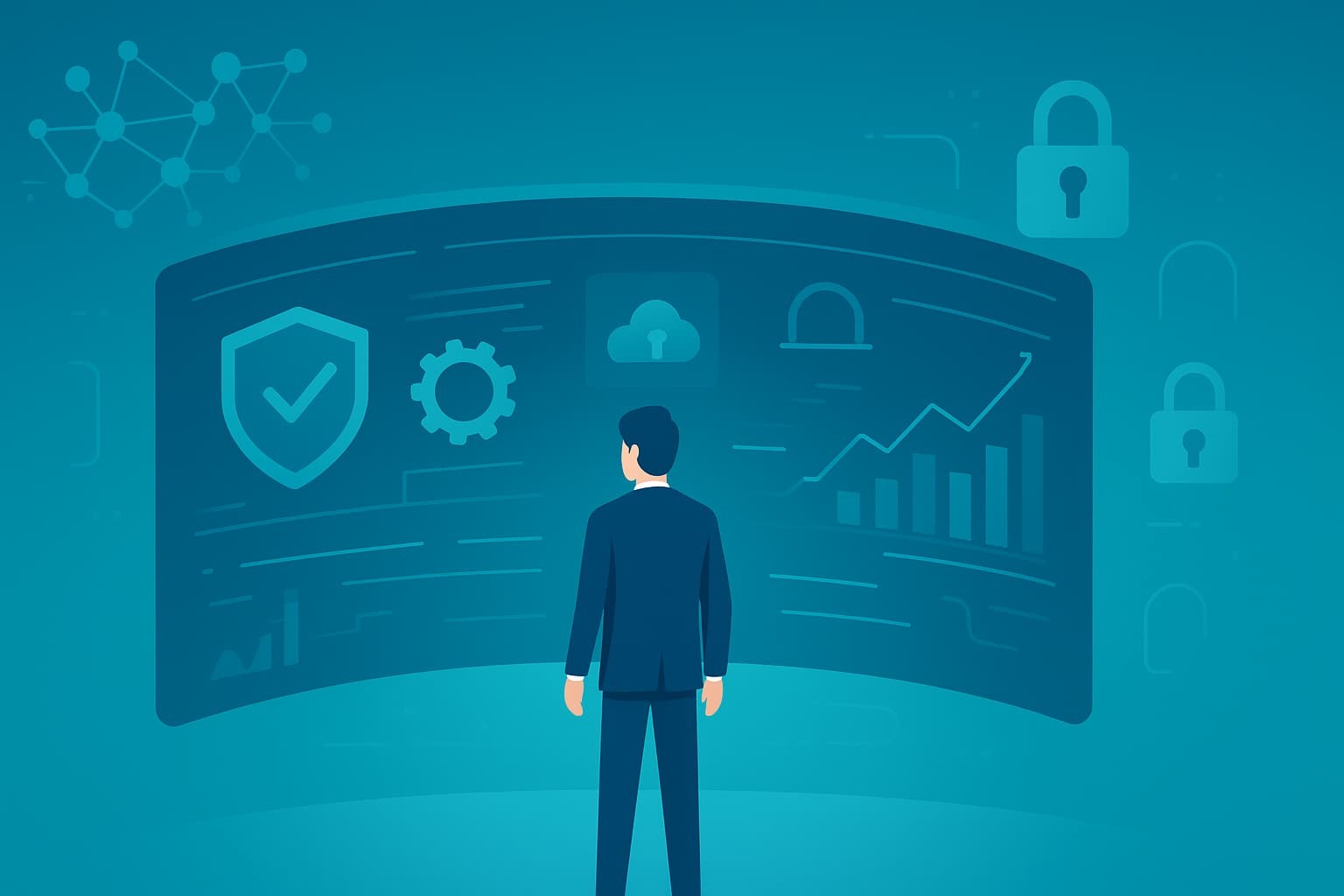 A professional examining a digital interface showcasing advanced & specialized services in cybersecurity and data analytics.