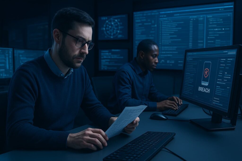Two professionals analyzing data in a cybersecurity environment, emphasizing advanced & specialized services for threat management.