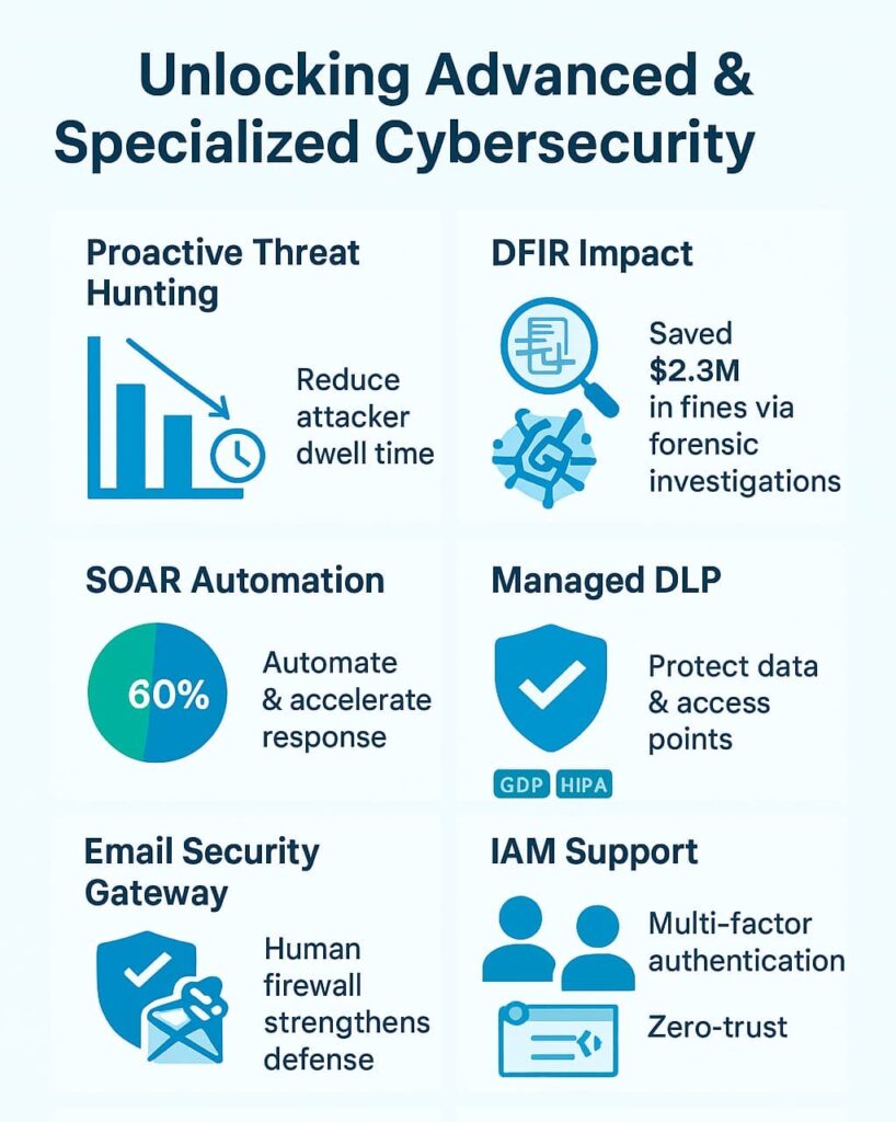 Infographic detailing specialized cyber security services, highlighting advanced & specialized services for threat prevention.