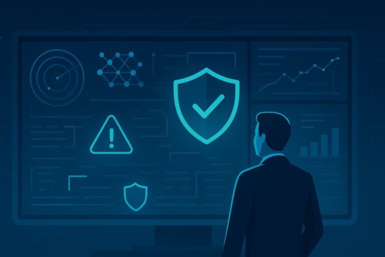A silhouette of a person standing in front of a digital security dashboard displaying proactive managed threat hunting detection and response icons.