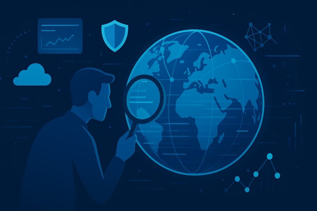 A silhouetted person examining a digital globe, surrounded by cybersecurity icons, representing proactive managed threat hunting monitoring and response.