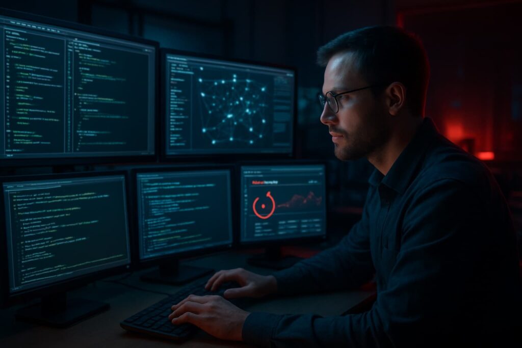 A person in a dark room intently focused on multiple computer screens displaying complex programming interfaces and data visualizations, exemplifying proactive managed threat hunting.