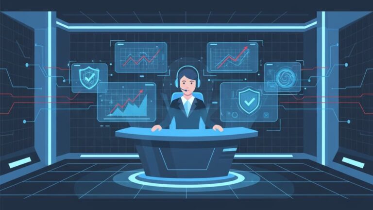 A woman at a futuristic control desk analyzing data, emphasizing proactive threat hunting intelligen