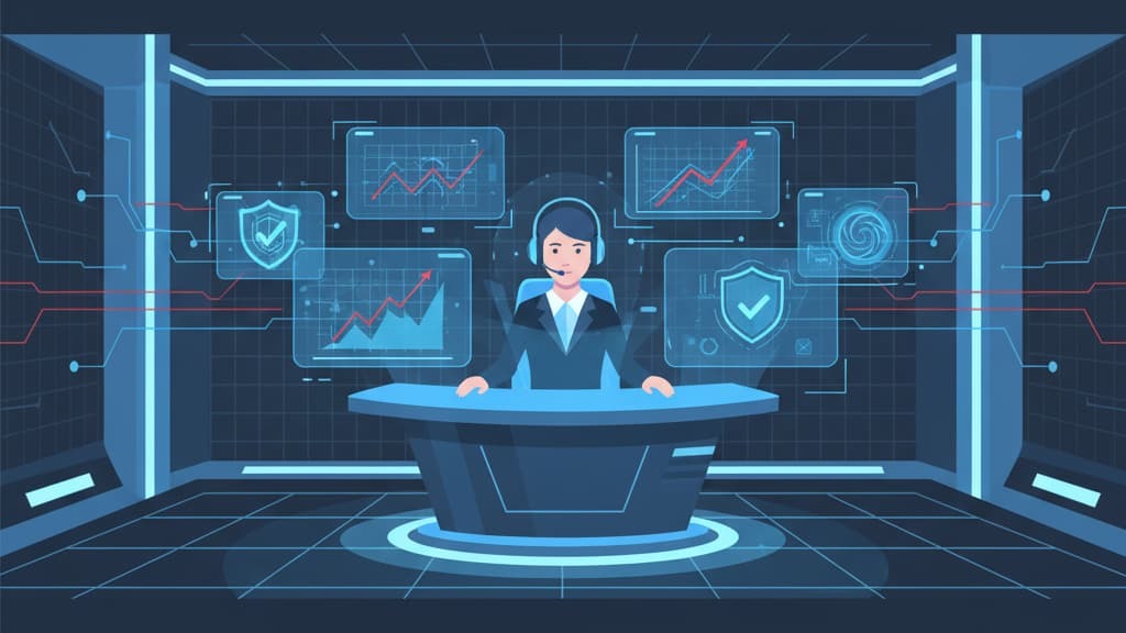A woman at a futuristic control desk analyzing data, emphasizing proactive threat hunting intelligen
