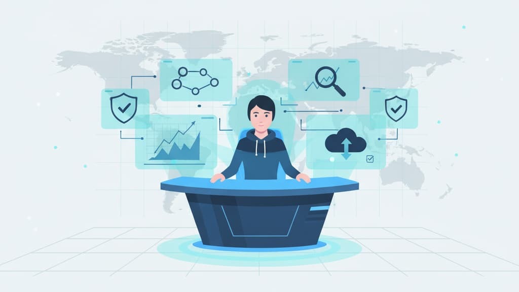 Illustration of a person at a desk analyzing data with visual elements symbolizing proactive threat hunting intelligence.