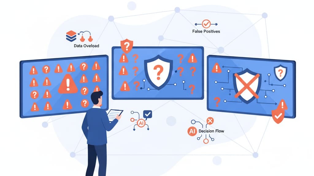  Illustration showing proactive threat hunting intelligence with screens displaying alerts and decision flow diagrams.