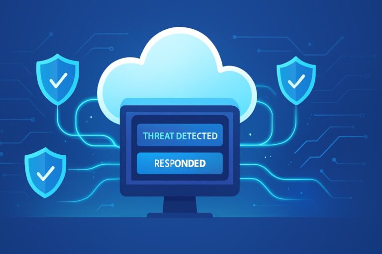 Illustration of a computer screen displaying cloud threat detection response with a cloud and security shields, symbolizing cloud threat detection response.