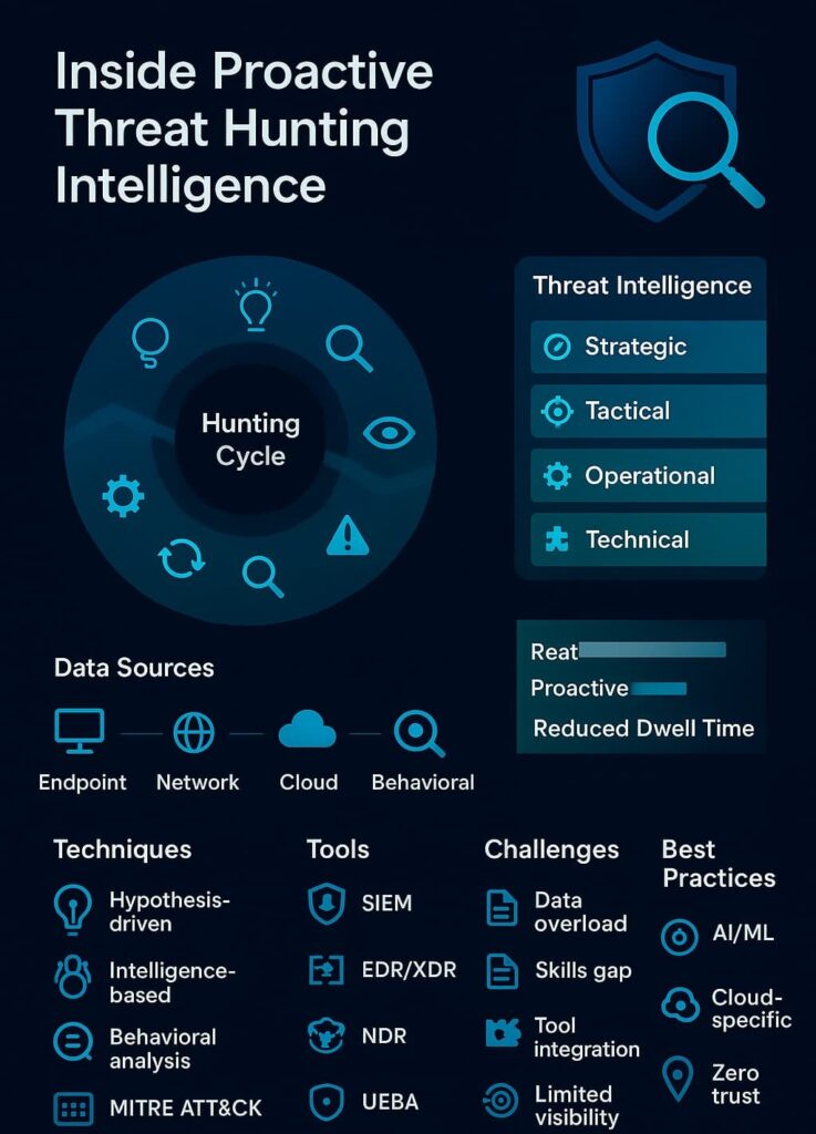 Infographic on proactive threat hunting intelligence, detailing the hunting cycle, data sources, tools, and best practices.