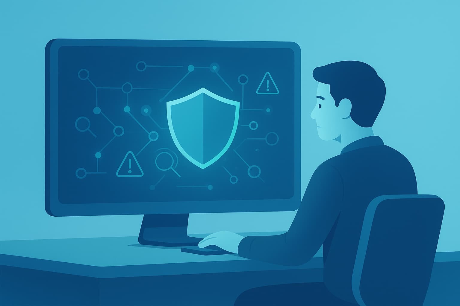 A professional using proactive threat hunting services on a computer, monitoring cybersecurity alerts and threats.