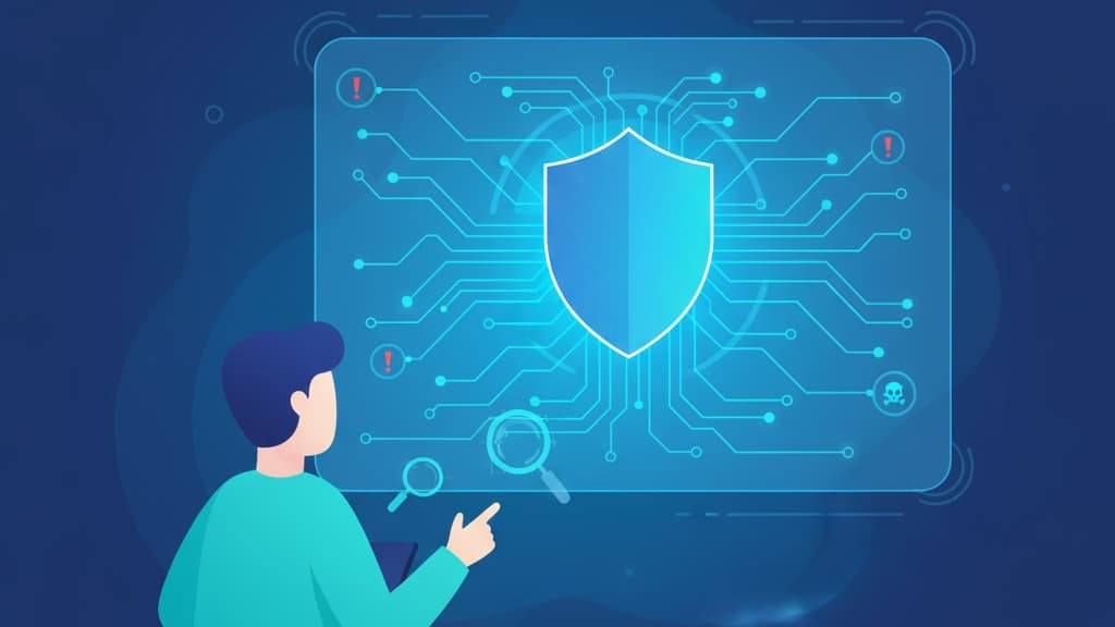 Illustration of a person analyzing cybersecurity data, highlighting the managed threat hunting benefits for enhanced protection.