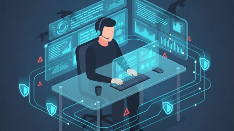 Illustration of a cybersecurity analyst conducting what is MSSP threat hunting, surrounded by digital data and security icons.