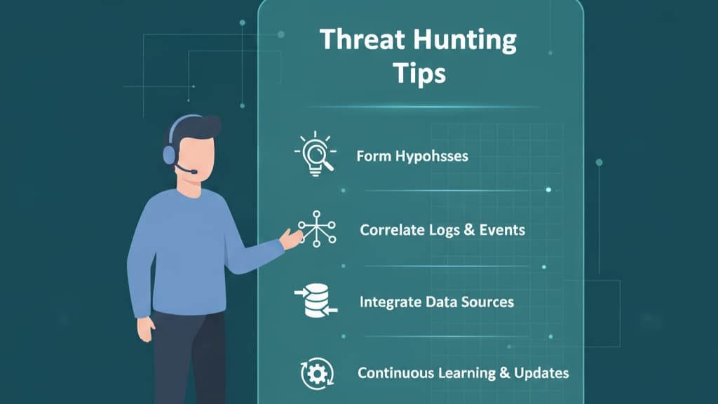 Illustration of tips for what is MSSP threat hunting: forming hypotheses, correlating logs, integrating data sources, and updates.