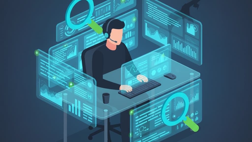 Illustration of a cybersecurity professional focused on what is MSSP threat hunting with data analytics and magnifying glasses around.