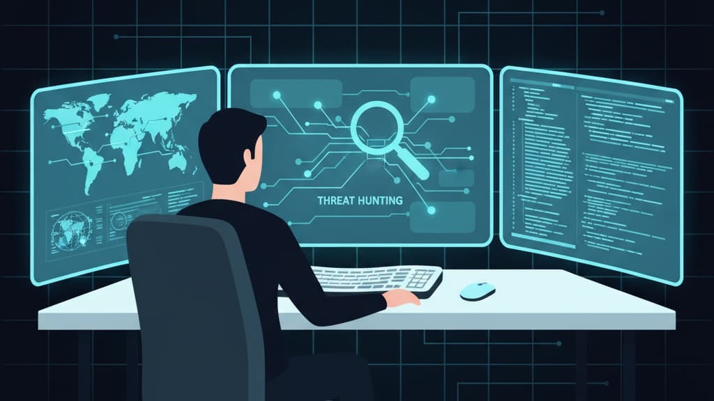 A person at a desk monitors multiple screens displaying data related to how does threat hunting work.