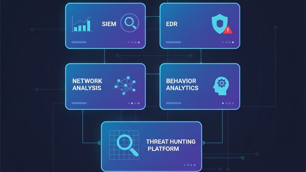 Flowchart illustrating components of threat hunting platforms: SIEM, EDR, network analysis, and behavior analytics. How does threat hunting work?