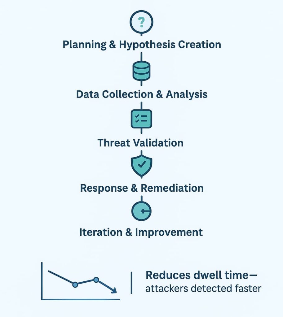  Process chart showing steps in threat hunting: planning, data analysis, validation, response, and improvement. How does threat hunting work?