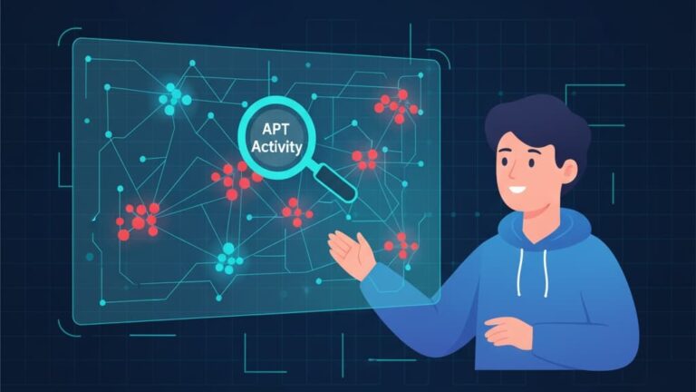 Illustration of a person analyzing a digital interface for finding advanced persistent threats with network connections and APT indicators.
