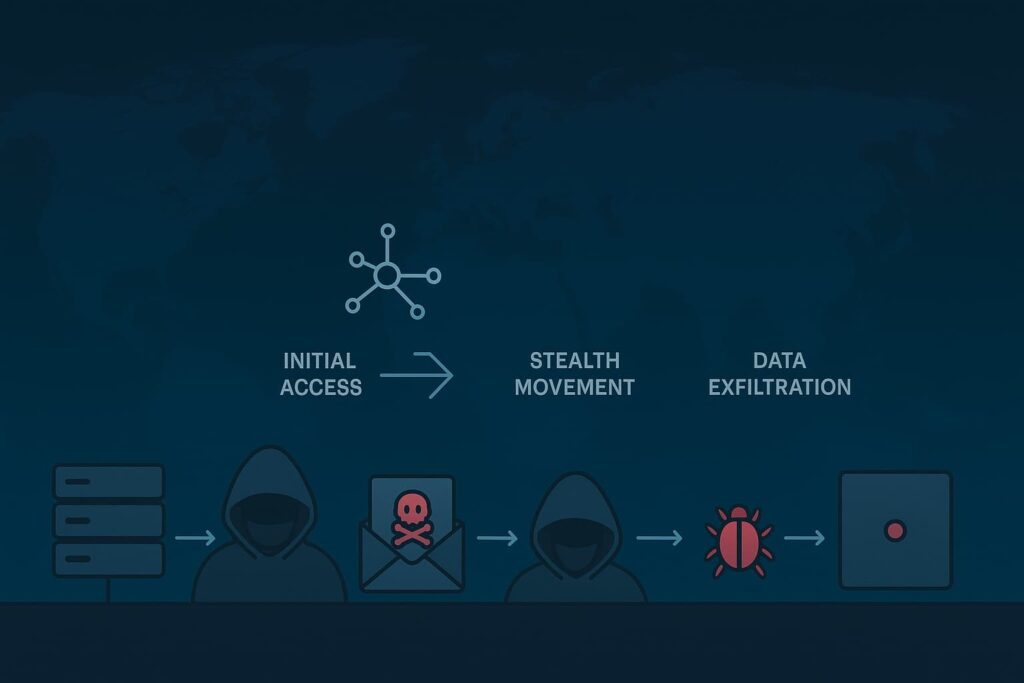 Illustration depicting the process of finding advanced persistent threats: initial access, stealth movement, and data exfiltration.