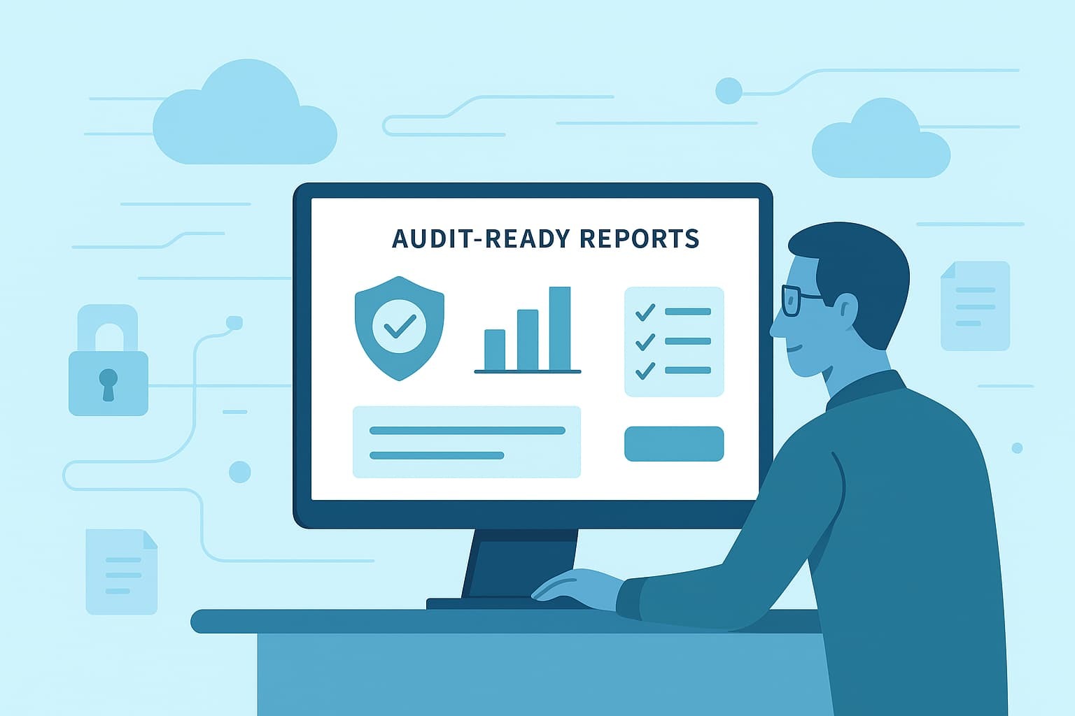 Basic Compliance Reporting via MSSP - Person reviewing audit-ready reports on computer screen, surrounded by security icons.