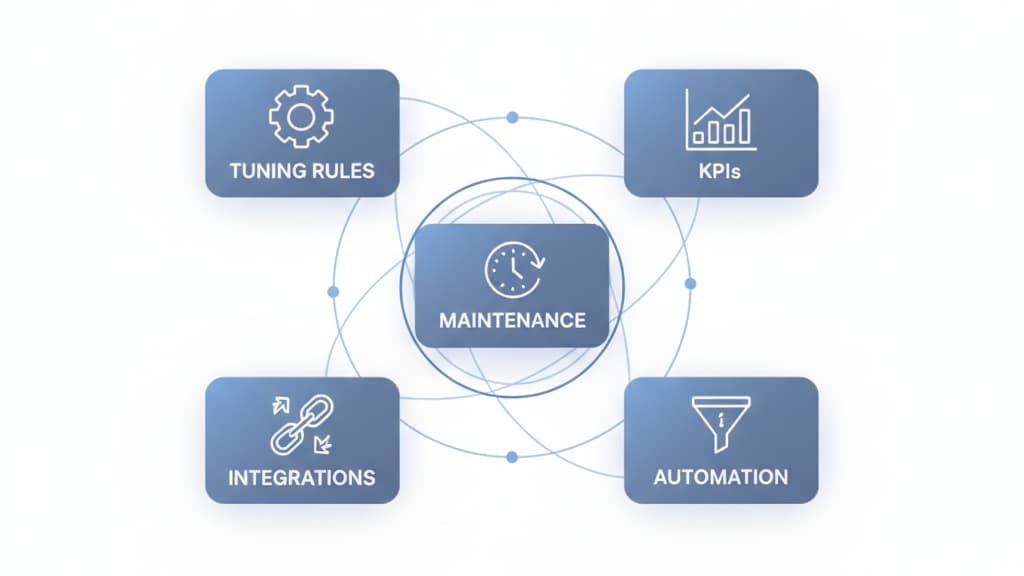 Diagram showing maintenance, tuning rules, KPIs, integrations, and automation as key parts of threat hunting platform management.