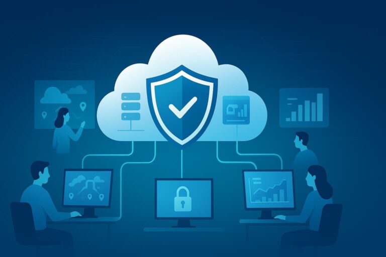 Securing cloud infrastructure visibility: Illustration depicting cloud computing security, data protection, and analytics for business optimization.