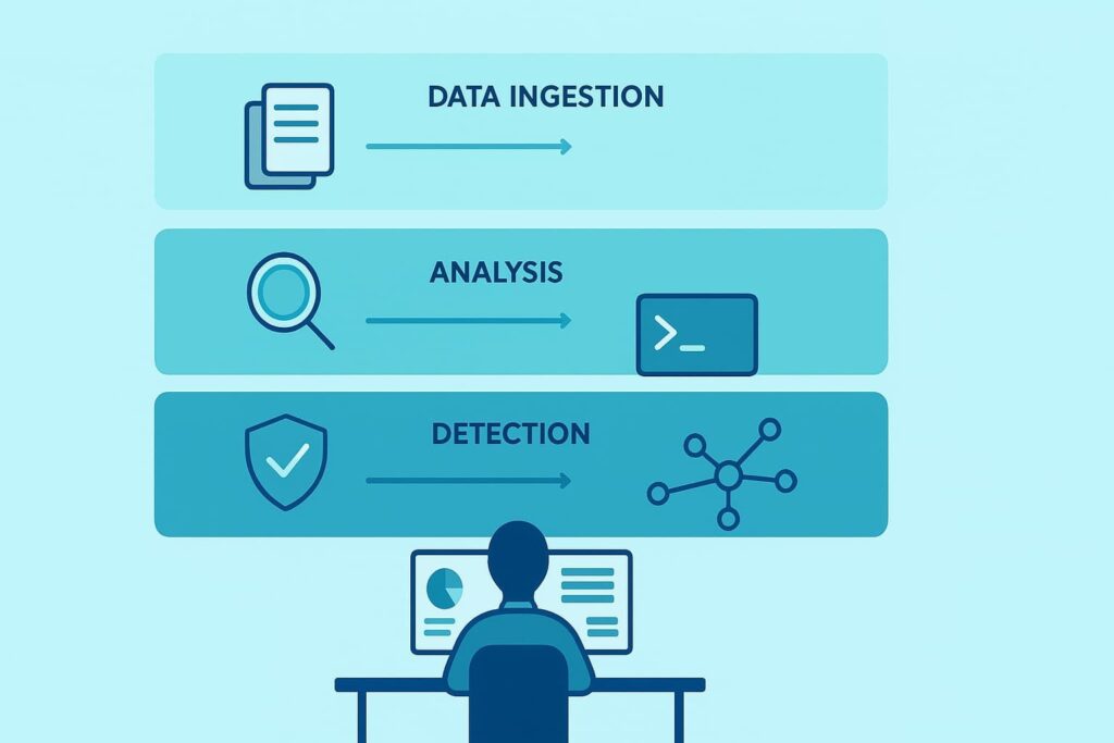  Diagram showing data ingestion, analysis, and detection steps managed by an analyst in a threat hunting platform management workflow.