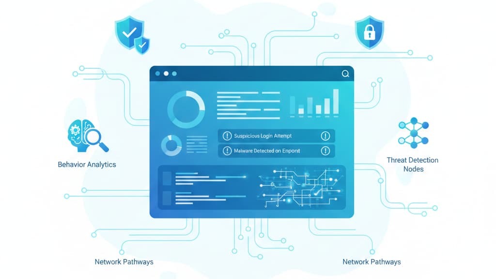 Illustration of proactive security monitoring techniques, showcasing analytics and detection nodes for threat management.
