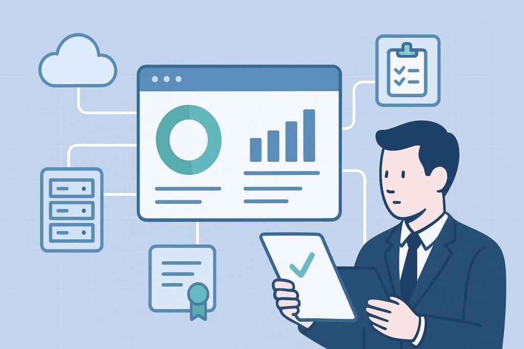 A businessman reviewing compliance reports and analytics on a computer screen, representing basic compliance Reporting via MSSP 