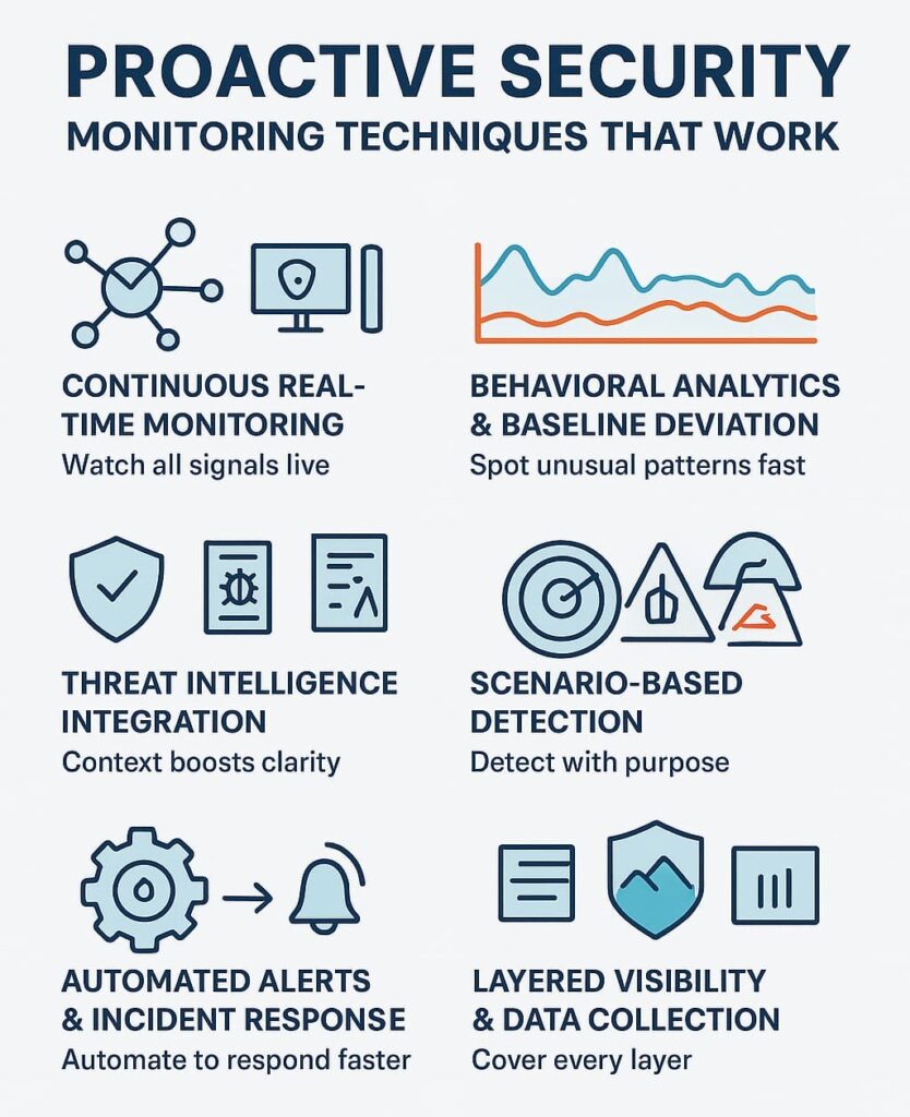 Icons representing proactive security monitoring techniques including time monitoring, threat intelligence, and automated alerts.