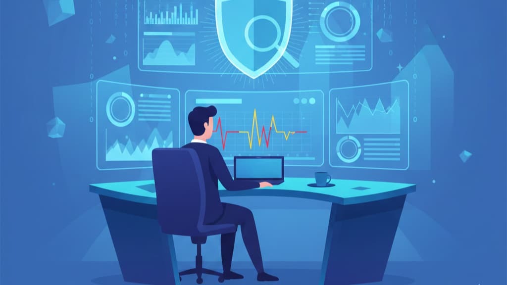 A professional analyzing data on a computer, representing expert threat hunter services in cybersecurity.