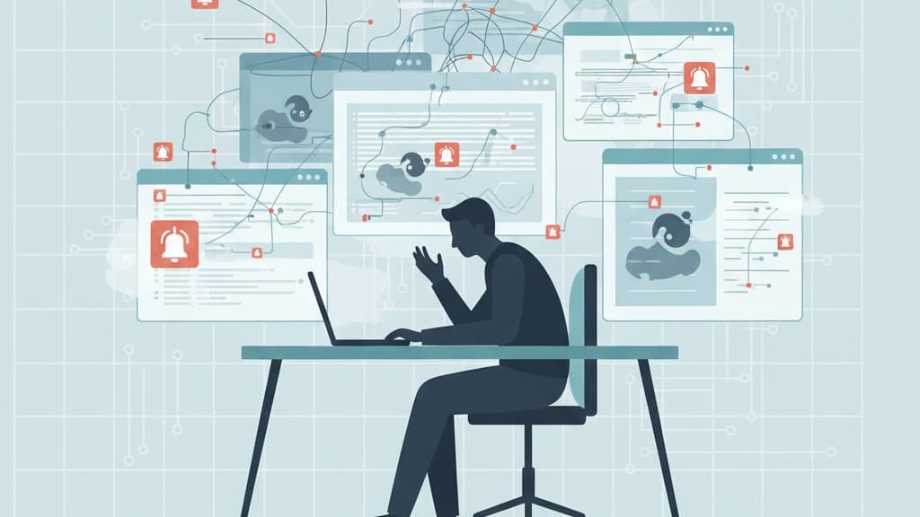 Illustration of a person using a laptop, surrounded by digital screens, emphasizing how to improve security with threat hunting.